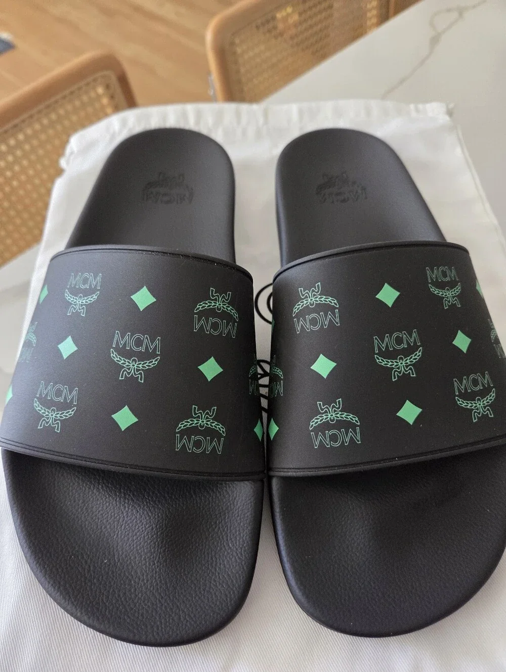 MCM Black Slide Sandals with Green Logo Print